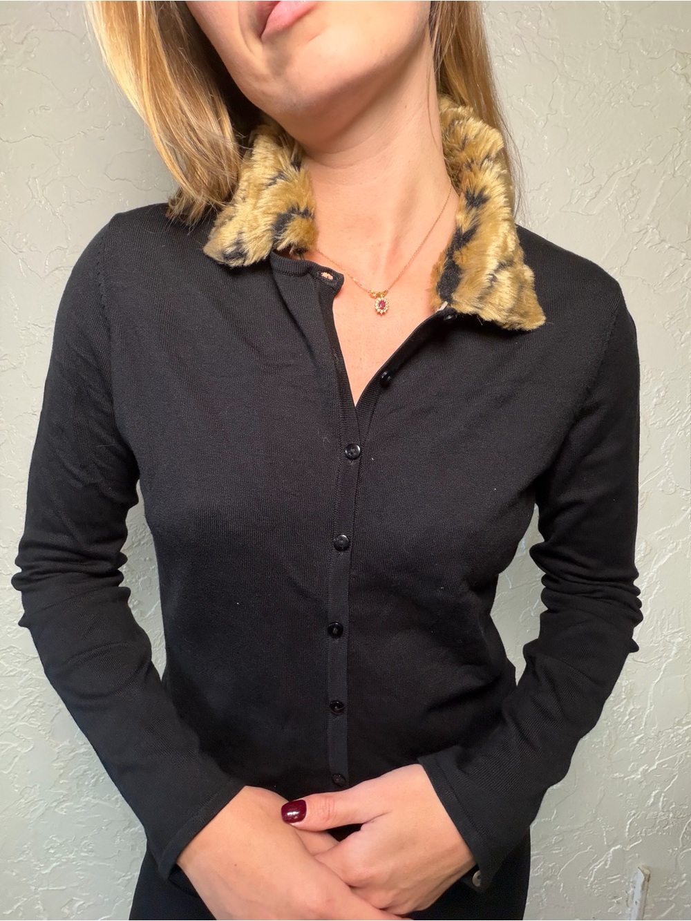 august silk Black Button-Front Top with Faux Zebra Print Fur Collar